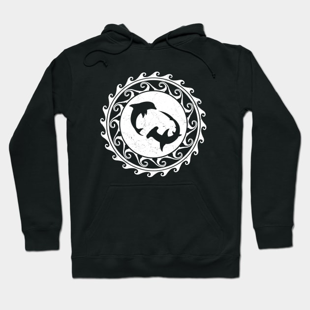 Hammerhead Shark and Dolphin on Polynesian Sun Hoodie by NicGrayTees